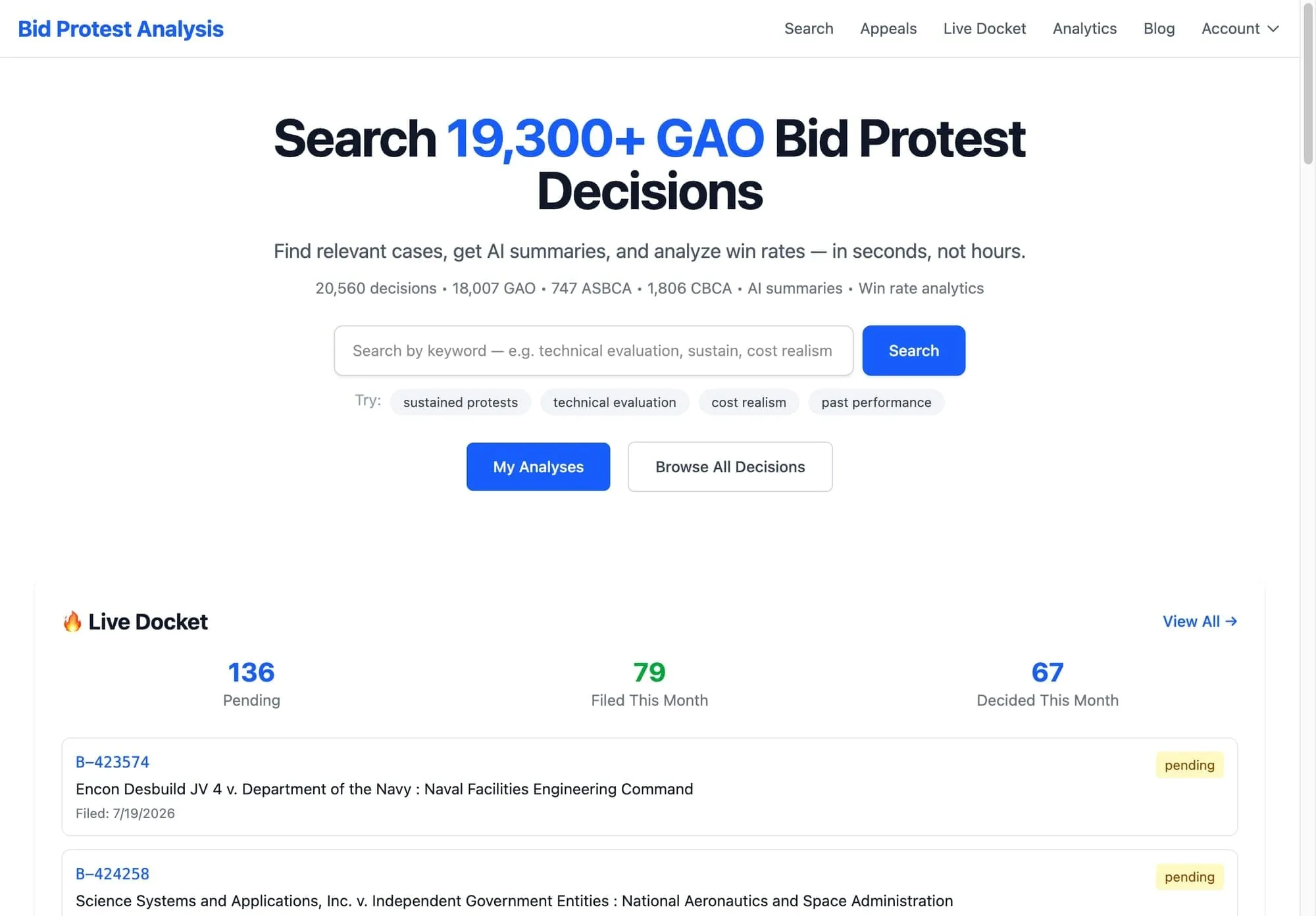 Bid Protest Analysis website screenshot